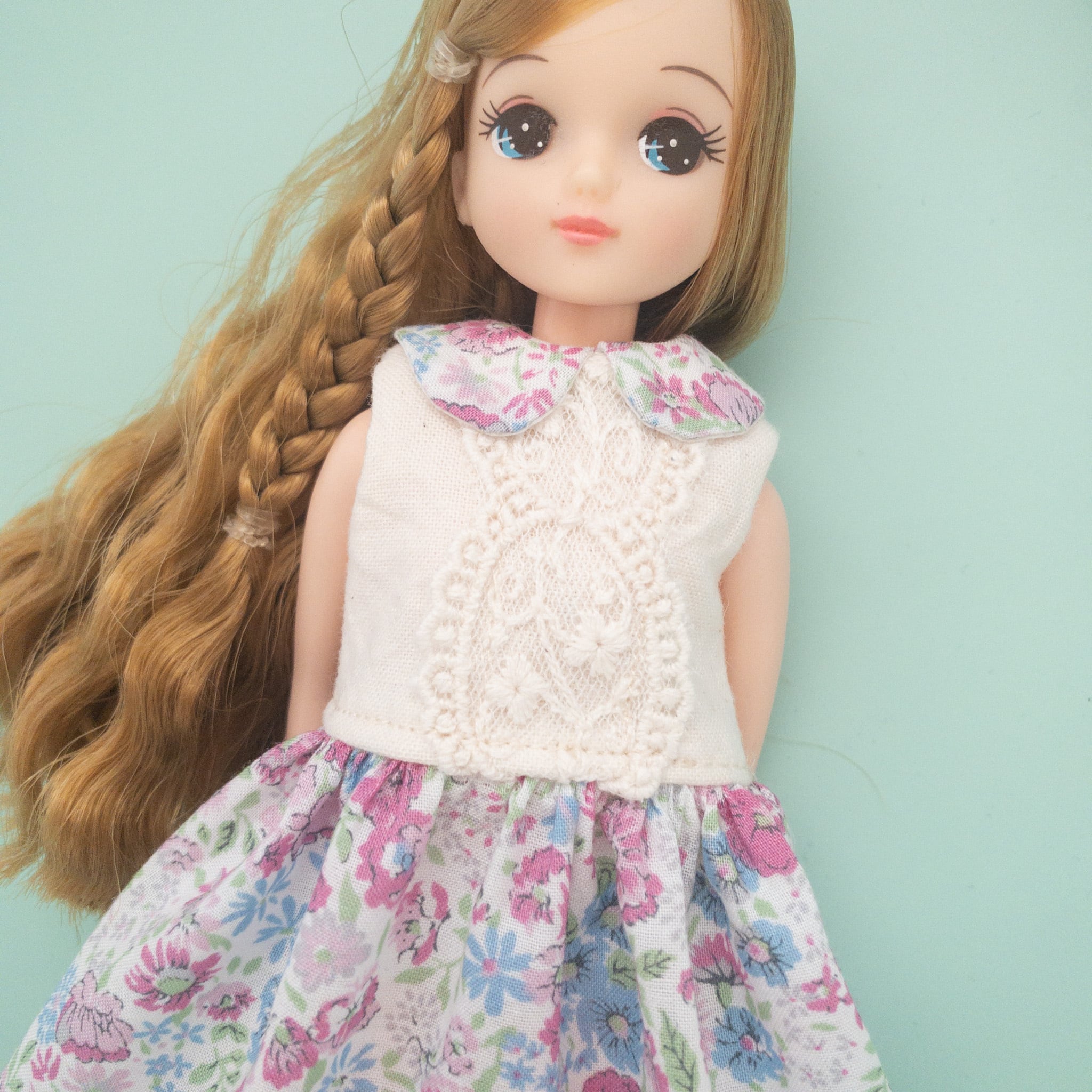 夏色ワンピース服（ピンク花柄茶レース）リカちゃんネオブライス 