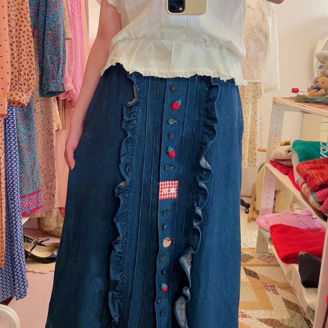 remake ✂︎ strawberry picking denim frill skirt