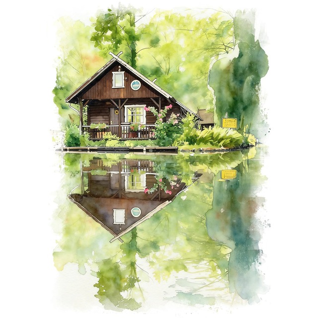絵画 風景画(街並み)  ドイツ シュプレーヴァルトの小屋 インテリアアート額付き 水彩画・油絵風 WAT1070