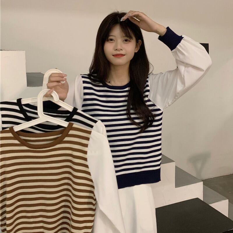 オータムトップス ストライプ ロング 秋物 ステッチ 1号婦人85250288249