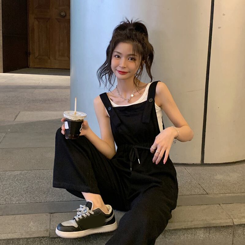 ブラックパンツ サマールーズカジュアルハイウェスト薄手オーバーオール 夏物 試着室51017187129