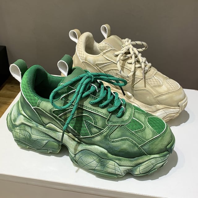 【予約販売】スニーカー 韓国 メンズ スニーカー ゴツ底 厚底 靴 ベージュ グリーン ブラック 黒 デザイン スポーティ お洒落 カジュアル ストリート 24.5cm/25cm/25.5cm/26cm/26.5cm