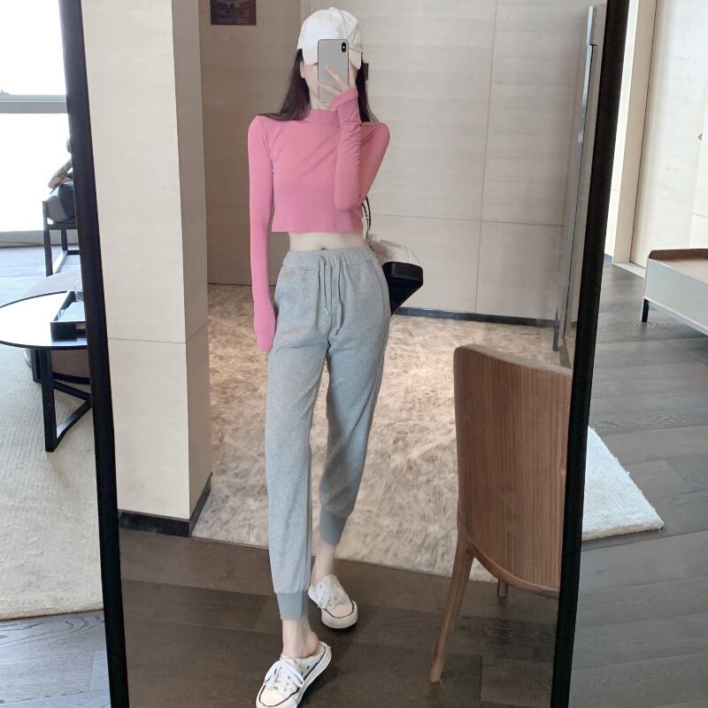 長袖タイトフィットボトミングシャツレディース2020年秋ニュースタイルインナースリムショートTシャツピンクワイルドトップインタイド ブラックストロベリース44855012638