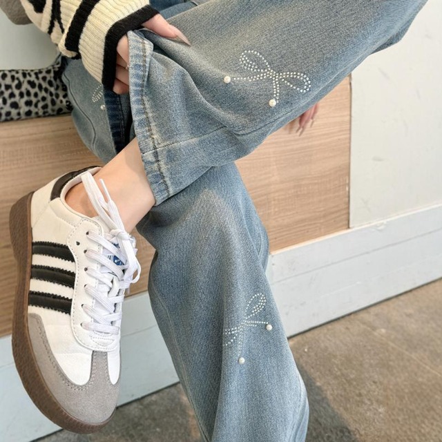 リボン パール ラインストーン ストレート デニム パンツ 250378