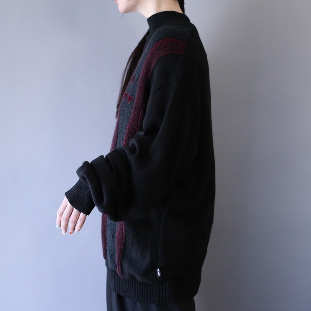 dark tone switching and fake suede patchwork design over silhouette sweater