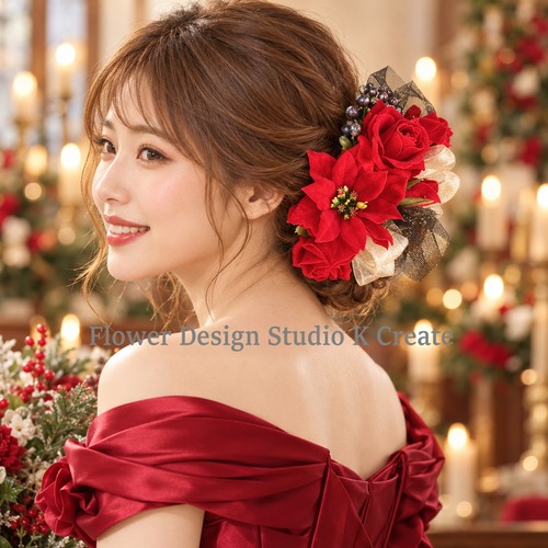 赤い薔薇とポインセチアの髪飾り 11本セット｜クリスマスウェディング・冬婚・赤いドレスのヘッドドレス
