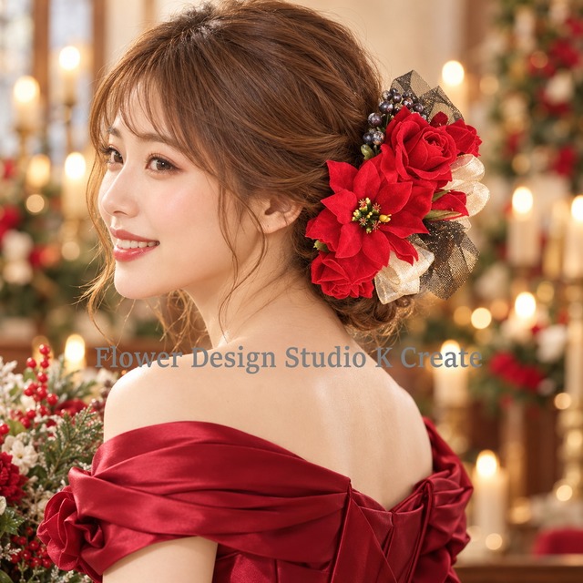 赤い薔薇とポインセチアの髪飾り 11本セット｜クリスマスウェディング・冬婚・赤いドレスのヘッドドレス