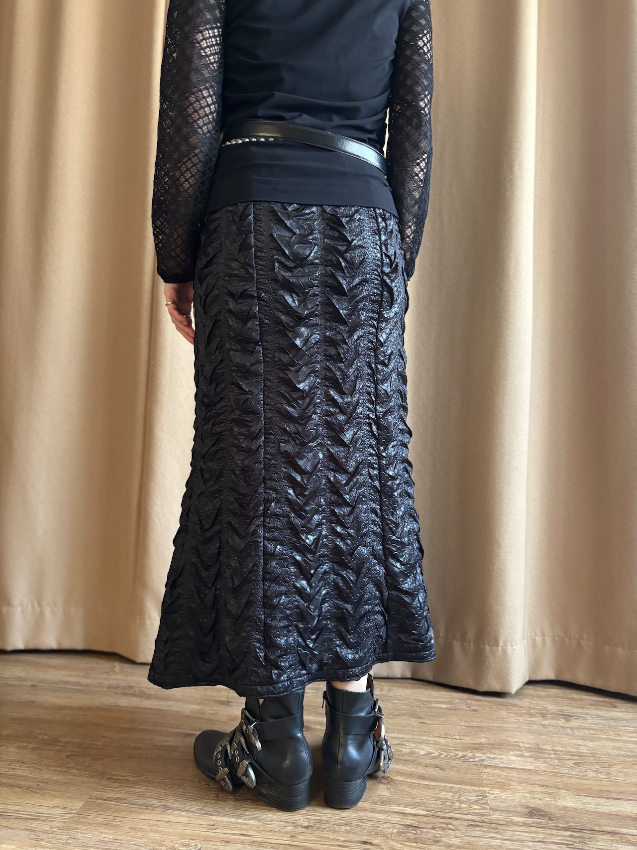 black mode design stretch long skirt-5093-12