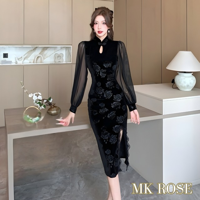 薔薇 レース オープンフォーク ベルベット チャイナ ドレス