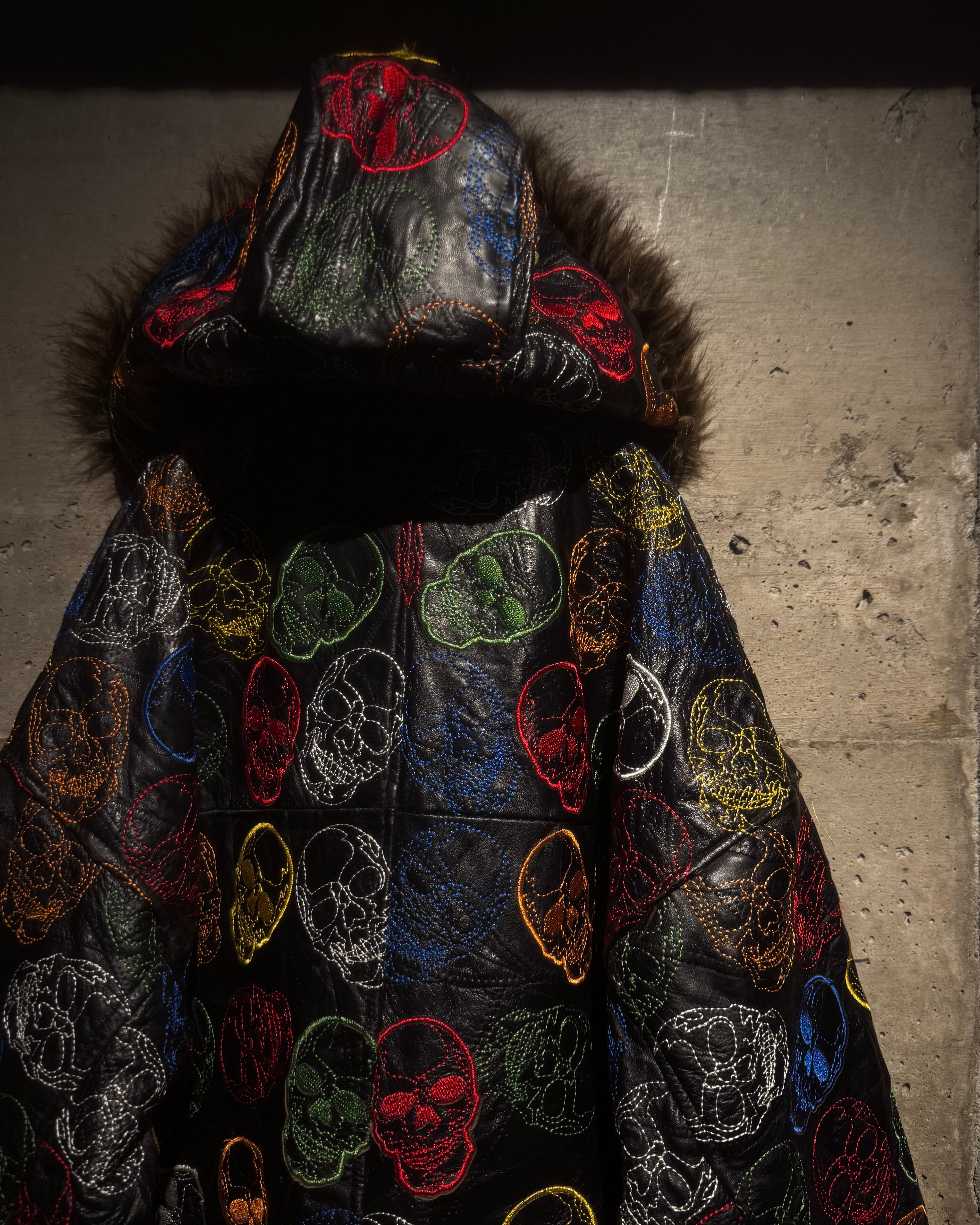 Caka】Skull Total Embroidery × Patchwork Hooded Leather Jacket Caka】Skull Total Embroidery × Patchwork Hooded Leather Jacket