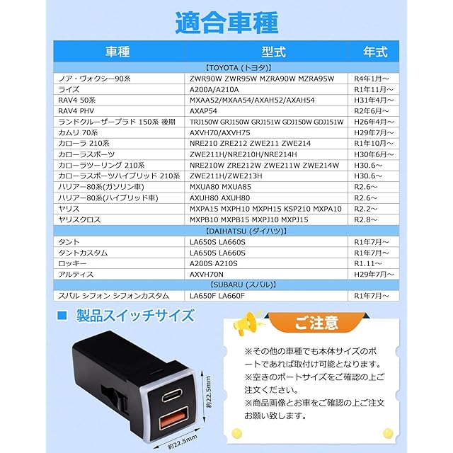 Jiooy トヨタ usbポート qc3.0+pd type-c ノア・ヴォクシー90系 ライズ
