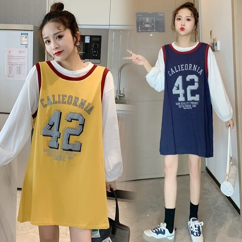 【新作】【送料無料】 1800＃マタニティ服偽のツーピースコットンレター印刷マタニティトップス服妊婦Tシャツドレス AL expec325125753614