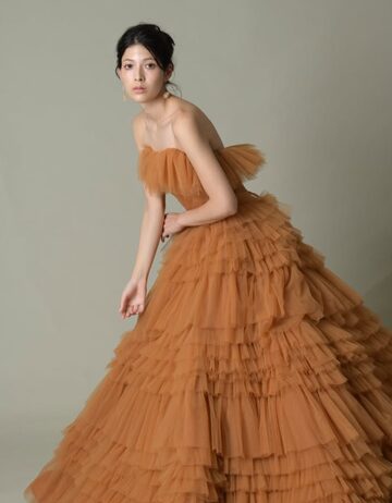 キャラメル色 カラードレス パーティードレス 背中見せ 前撮り 2次会  