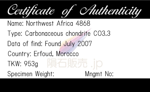 NWA4868 隕石 6.5g 炭素質コンドライトCO3.3 石質隕石 原石 標本 M2601