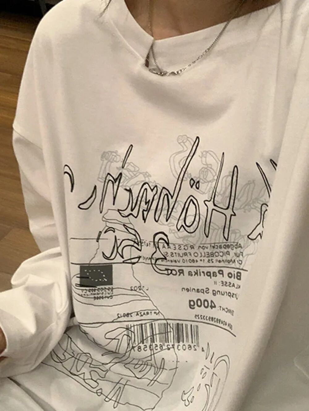 フェアリー・グランジプリントTシャツ,裸の肩,長袖,韓国原宿 フェアリー・グランジプリントTシャツ,裸の肩,長袖,韓国原宿