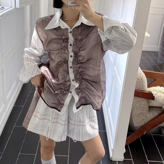 Check-Print Gathered Oversized Shirt 01160