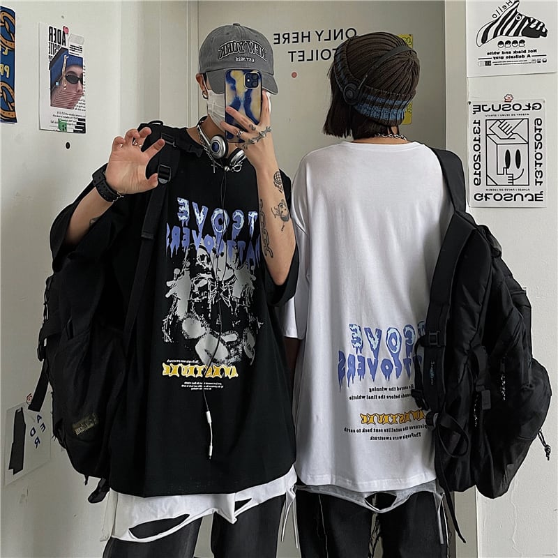 送料無料】KOREA サマーダークプリントルーズTシャツ レディース