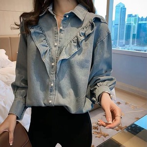 フリル デニム シャツ トップス ショート ショート丈 袖あり 長袖 襟付き パール  ポケット 前開き ブルーデニム かわいい 大人可愛い シンプル カジュアル 大人 おしゃれ お洒落 大人女子 ラブリー キュート ガーリー ルーズ 個性的 主役級 無地 春 秋 10代 20代 レディース 通勤 学生 通学 デート お出かけ 女子会 休日 旅行 ゆったり 大きいサイズ M L XL 2XL 3XL 4XL 色展開 青 ダークブルー 水色 7092