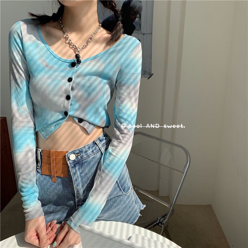 ed絞り染めニットTシャツレディース秋スリム長袖ボトミングシャツショートタイトニッチトップ ブラックストロベリース45220345474