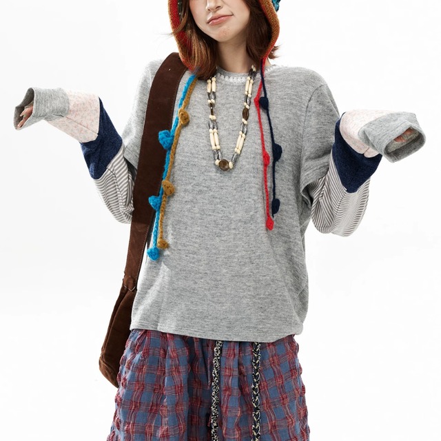 grey mix layered-sleeve tee　グレーミックススリーブレイヤードティー　J2122