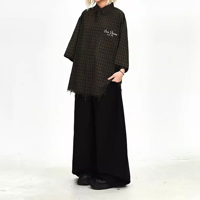 レタリングアクセントグランジチェックダメージオーバーシャツ 2col   R02135
