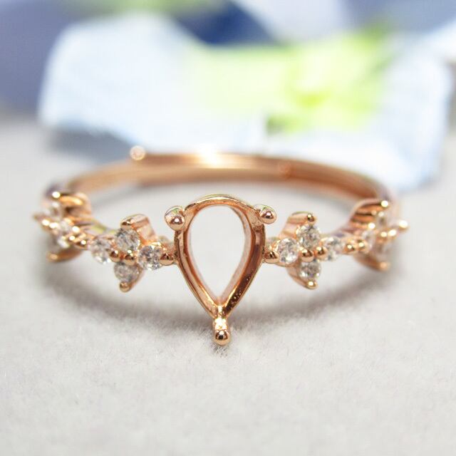 6×4㎜ ドロップ  フラワーCZ  S925 リング台 PG