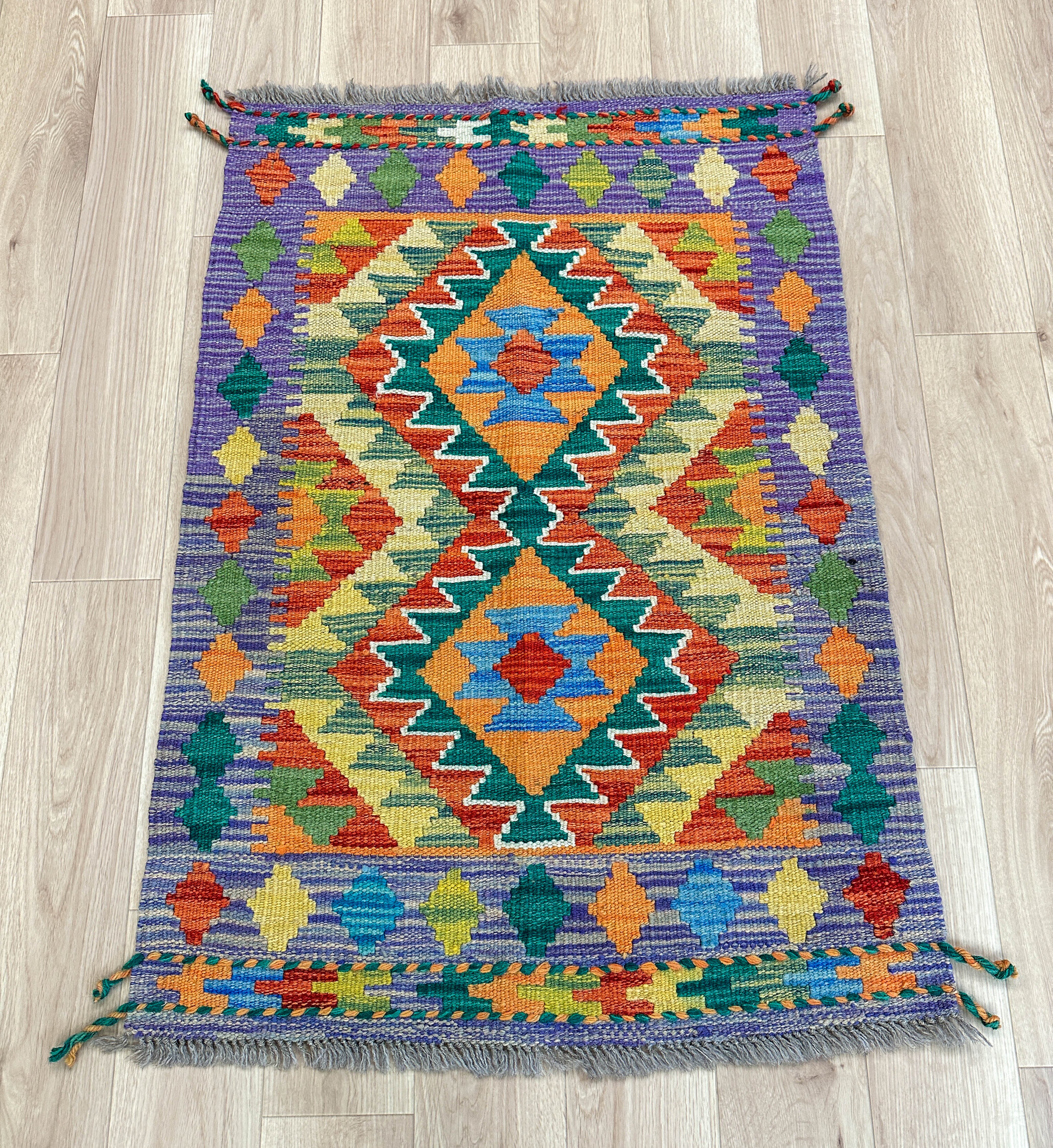 87×60cm【アフガニスタン手織りキリム】手織り絨毯-