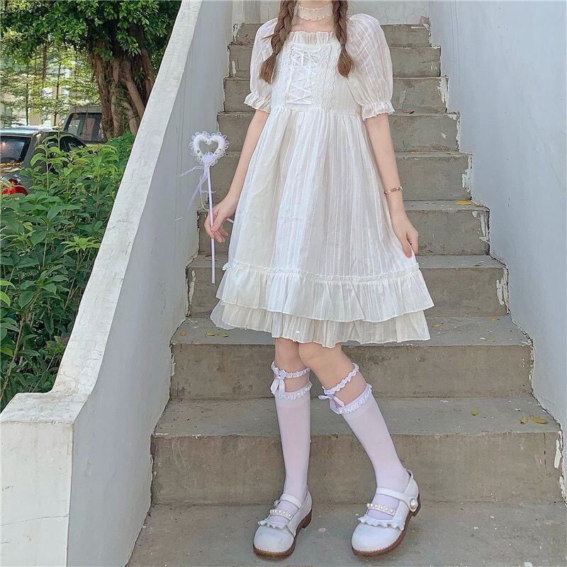 夏白ロリータドレス夏eseウエスト甘いドレス弓シックパーティー