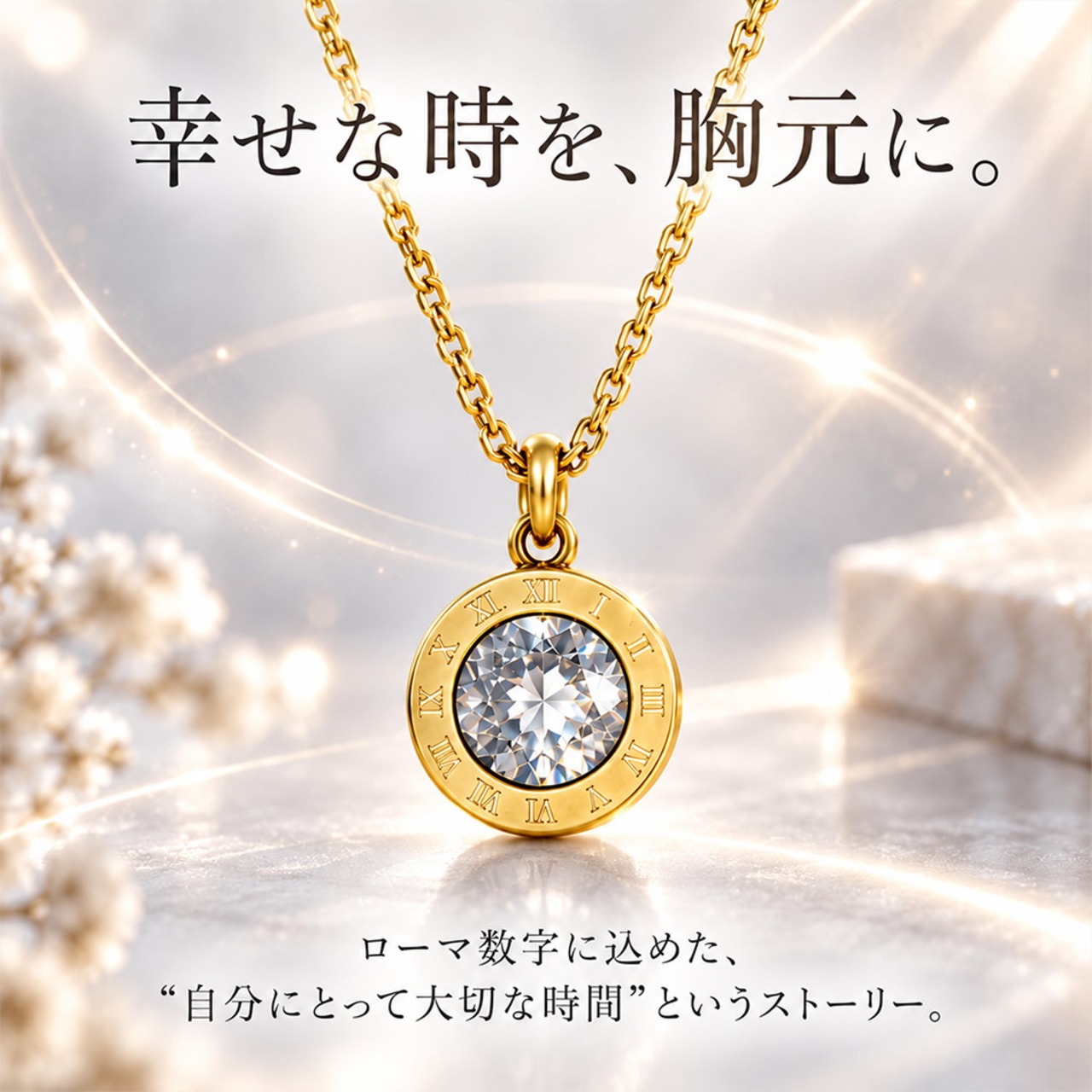 ストーンローマナンバーネックレス ゴールド