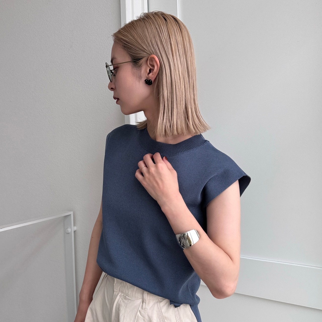 リネンライクフレンチスリーブtops/ブルー