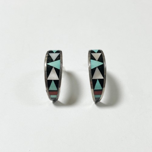 Vintage Southwestern Inlay Sterling Hoop Pirced Earrings Marked MT ZUNI