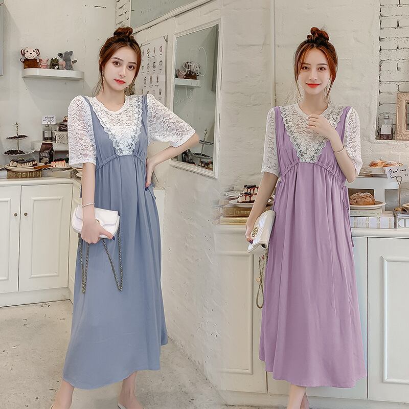 【新作】【送料無料】 マタニティドレス2020夏の新しいレースステッチ偽のツーピースドレス小さな新鮮なミドル丈のマタニティドレス-アリババ サマー 夏物 expec289034301346