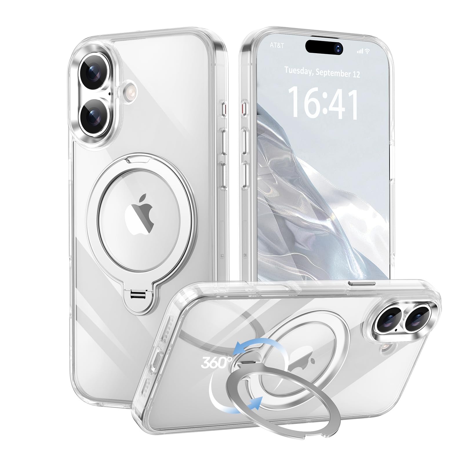 KMAMBNG 【透き通る上質感・多機能360°回転スタンド】 iPhone 16 用 ケース Magsafe対応