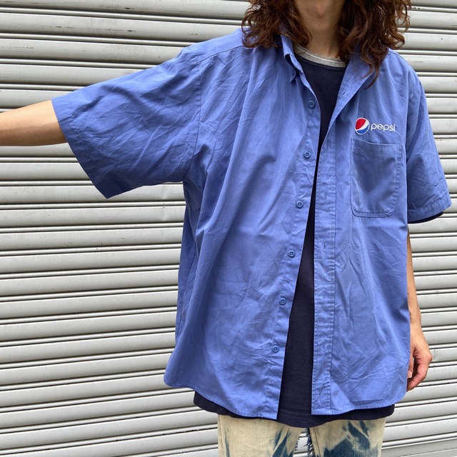 『送料無料』PEPSI ペプシ　ワーク半袖シャツ　企業ロゴ　ボタンダウン　XL 90s