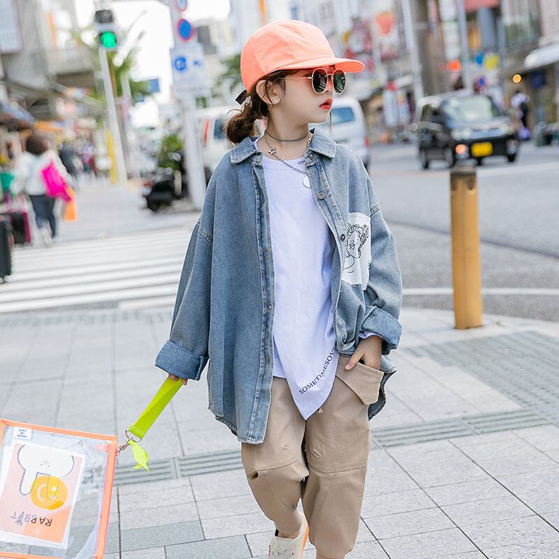ガールズデニムシャツ2021新春秋エインスタイルキッズオータムジャケットアウターシャツベビートップ トレンディボーイ44089512331