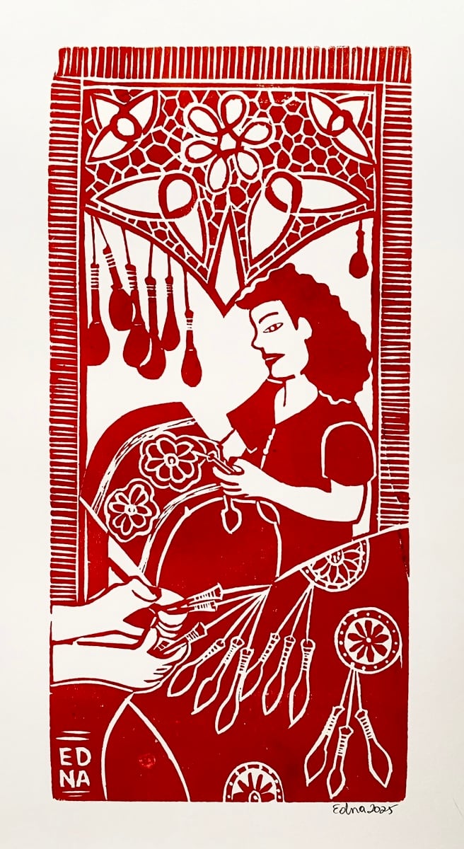 EDNA SILVA エジナ・シルバ 木版画 M【ボビンレースを編む女性】
