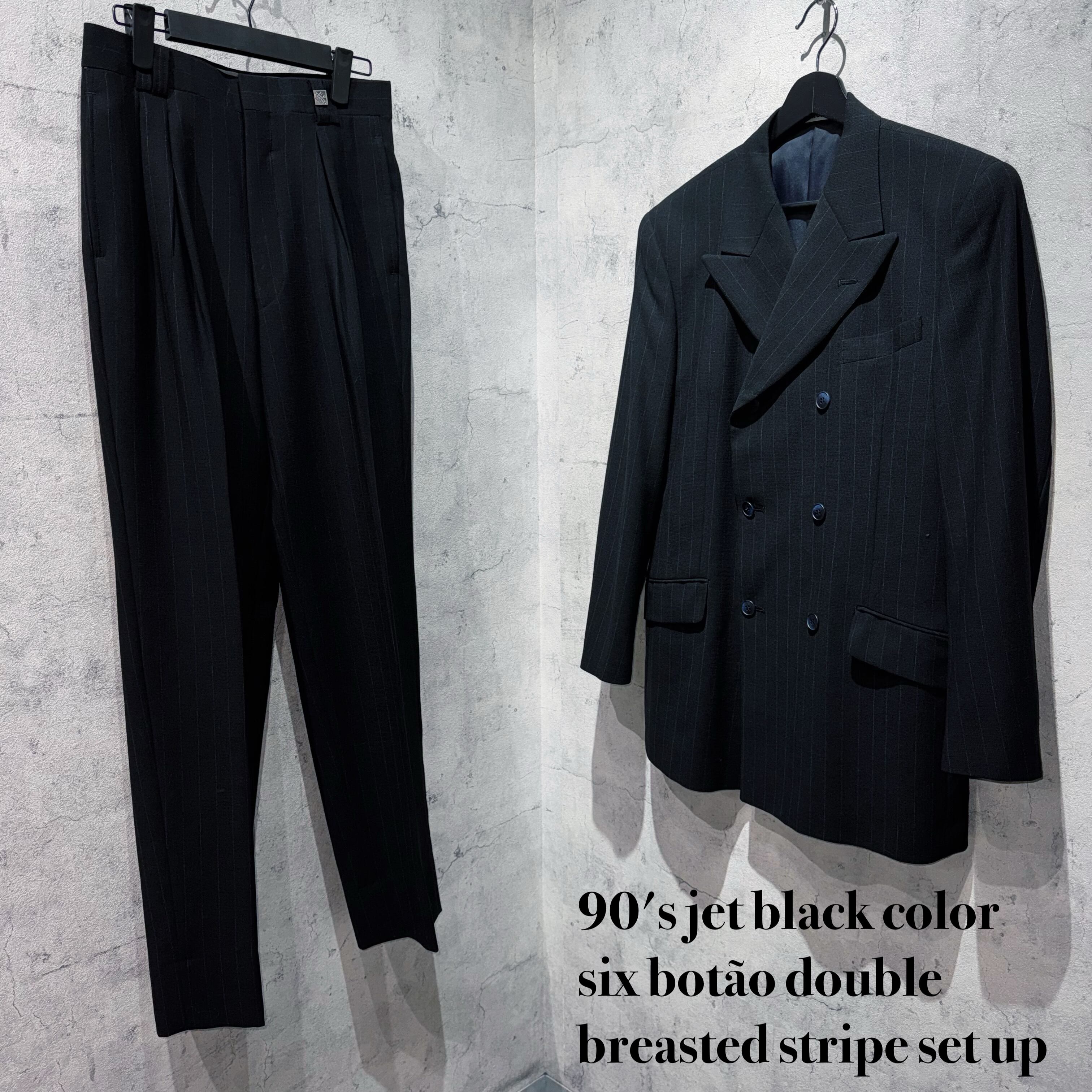 90's jet black color six botão double breasted stripe set up