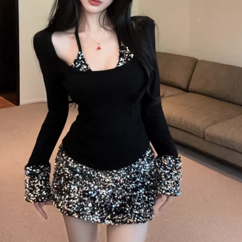 【2点セット】キャミコンビトップス＋スパンコールスカート ・13743