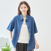 TRUBE ワンポイント刺繍ドロップショルダー半袖デニムシャツ【M~L】デニムブルー
