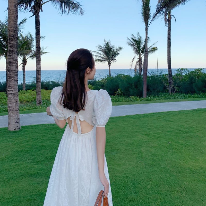 ロングワンピース ホワイト 半袖 夏 Aラインワンピース ミモレ丈