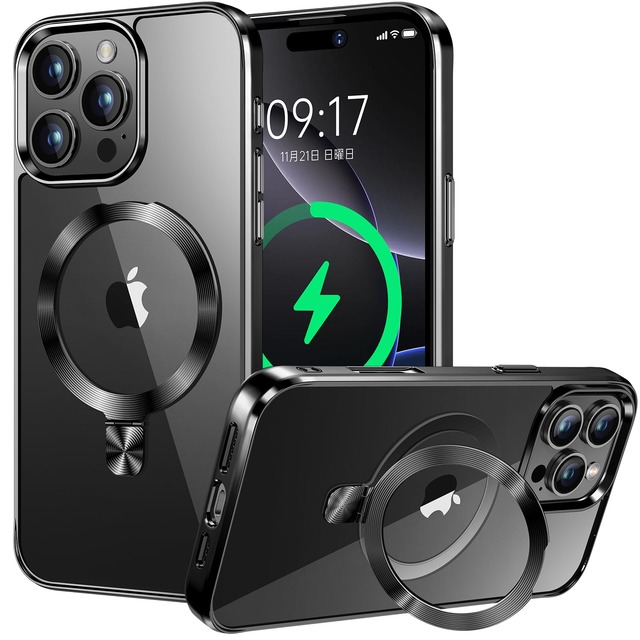 【CD MagSafeリング・スタンド一体】iPhone 16 Pro 用クリアケース[MagSafe対応・隠しスタンド] [本体の色・メッキバンパー]ストラップホール付き 角度調整可 米軍MIL規格取得・耐衝撃 アイホン16 Pro透明ケース スマホケース16プロ人気6.3インチ(ブラック)