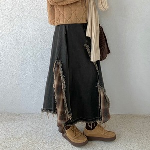 fringe patchwork denim skirt　J00378
