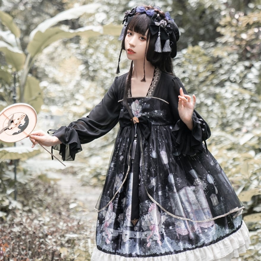 ゴスロリ通販 With U ジャンパースカート ヘアリボン付き 中華ロリィタ 華ロリ ジャンパースカート ブラウス 原宿系 ゴスロリ服 病みかわいい ロリィタ服