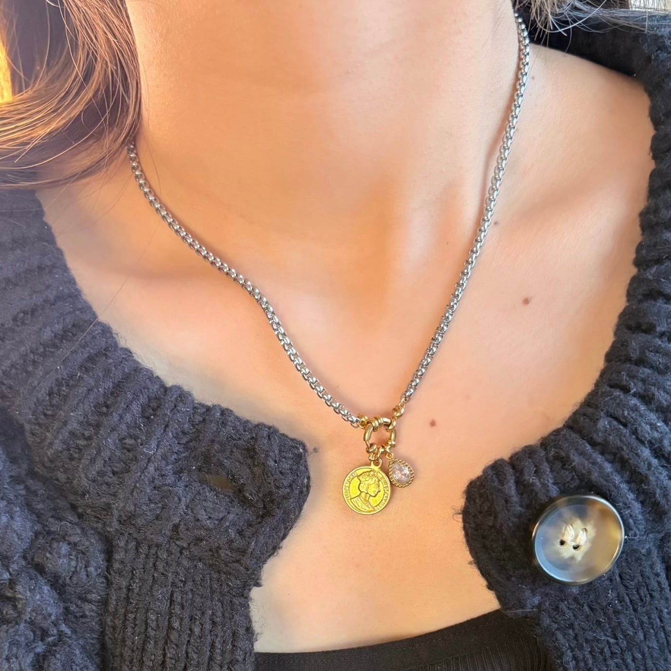 予約受付中】ミックスカラー コイン&ジルコニアチャーム ネックレス