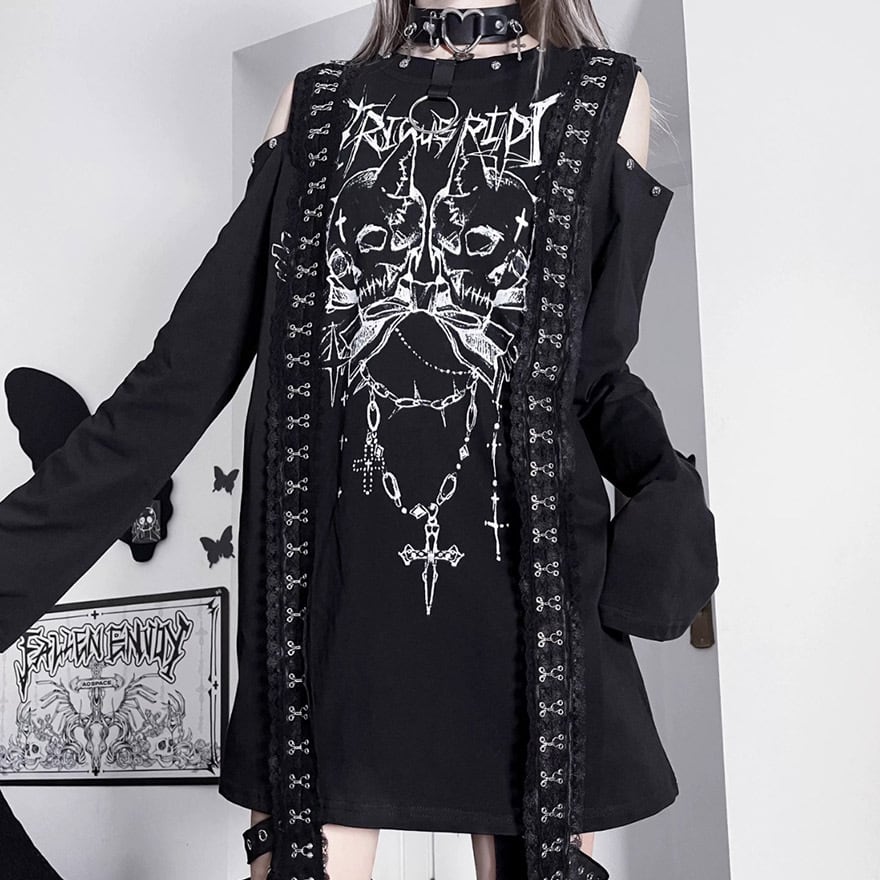 サブカル 服 地雷系 通販 オープンショルダー Tシャツ ロング丈 スカル イラスト