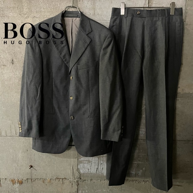 〖HUGO BOSS〗stripe graycolor wool setup suit/ヒューゴボス ストライプ柄 グレーカラー ウール セットアップ スーツ/msize/#0406