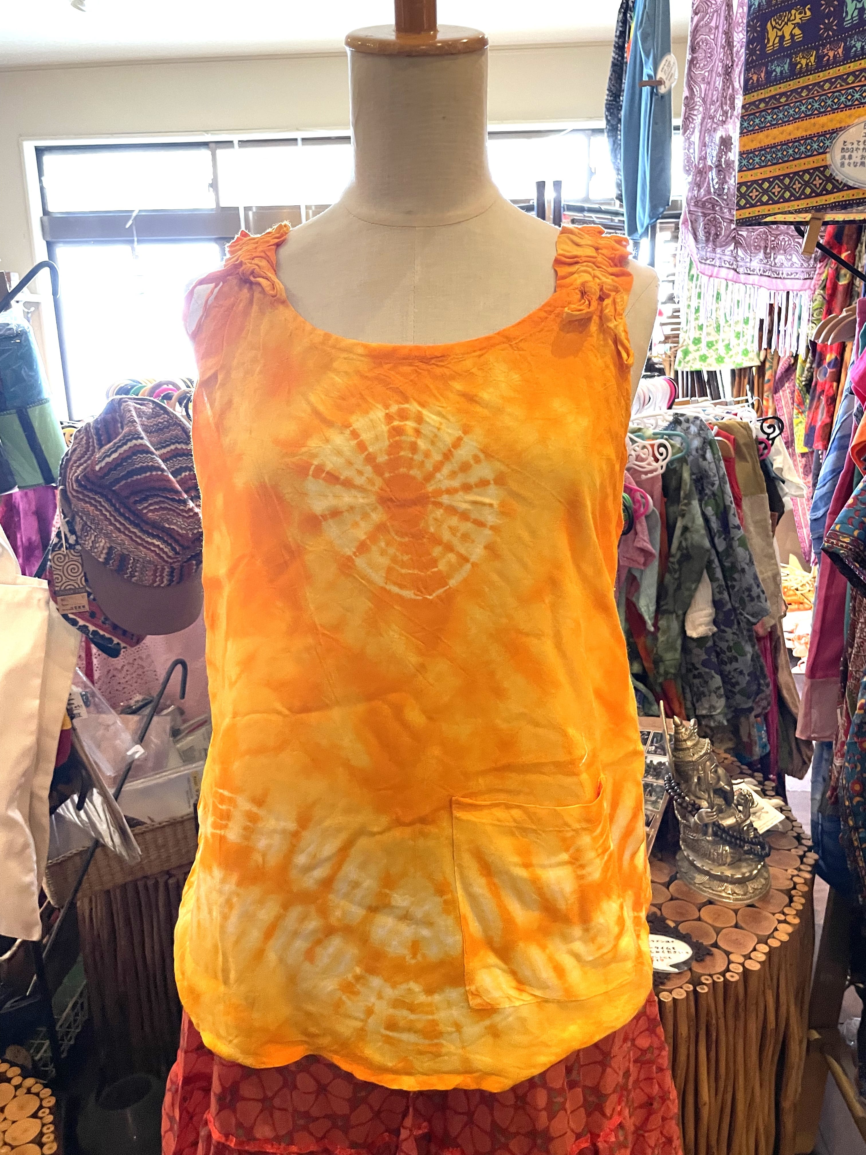 タンクトップ キャミソール タイダイ染め ノースリーブ アジアンキャミソール ルームウェア 部屋着 スポーツウェア ダンスウェア ヨガウェア フィットネスウェア オールシーズン キャミ トップス ヨガ エスニック アジアンファッション アジアン イエロー * アジアン雑貨No.235