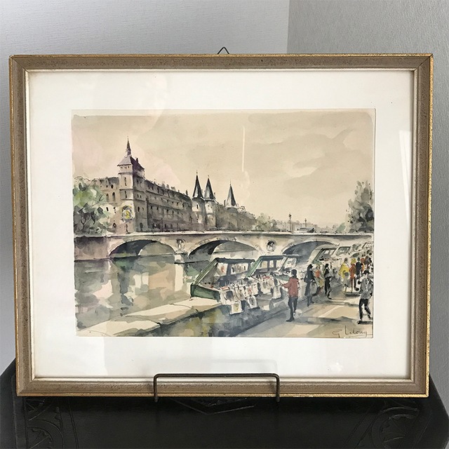 風景画  水彩　パリ・セーヌ河畔　マリーアントワネット　サンミッシェル橋　額入り　壁面インテリア　 12otab1