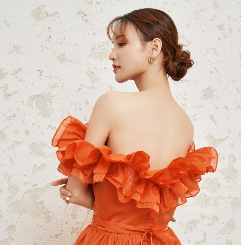 オレンジフリルオフショルダードレス | Miharu shop美晴ドレスショップ