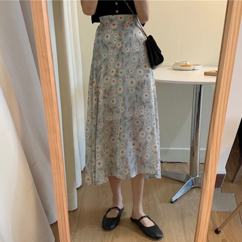 スカート2020年夏新しいハイウエストミドル丈スモールデイジースカート女性XiaXian薄い花柄スカートAラインスカート 1号婦人2469338073